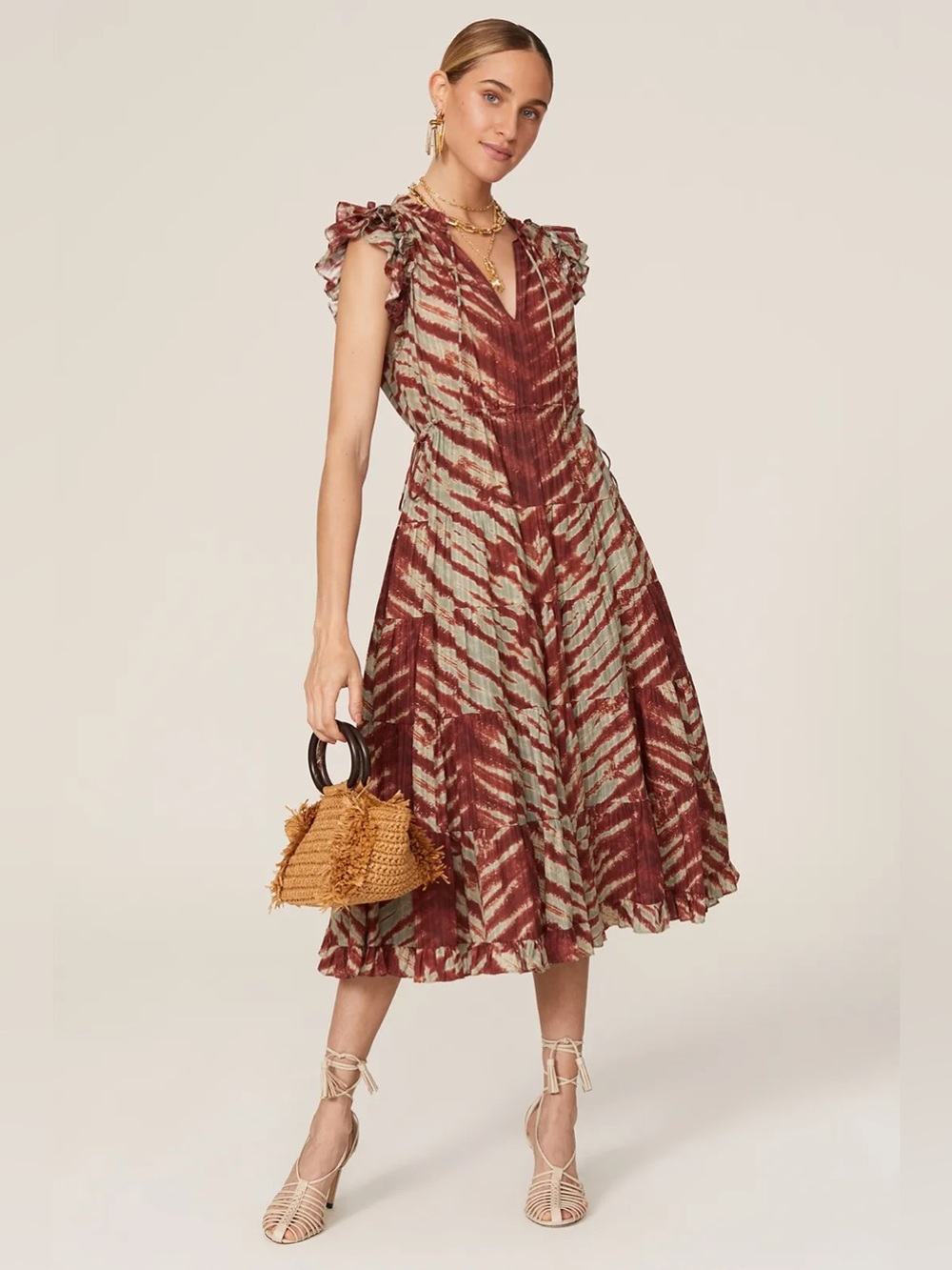 Ulla Johnson Pilar Ruffle Trim Midi Dress in Canyon – Size 0